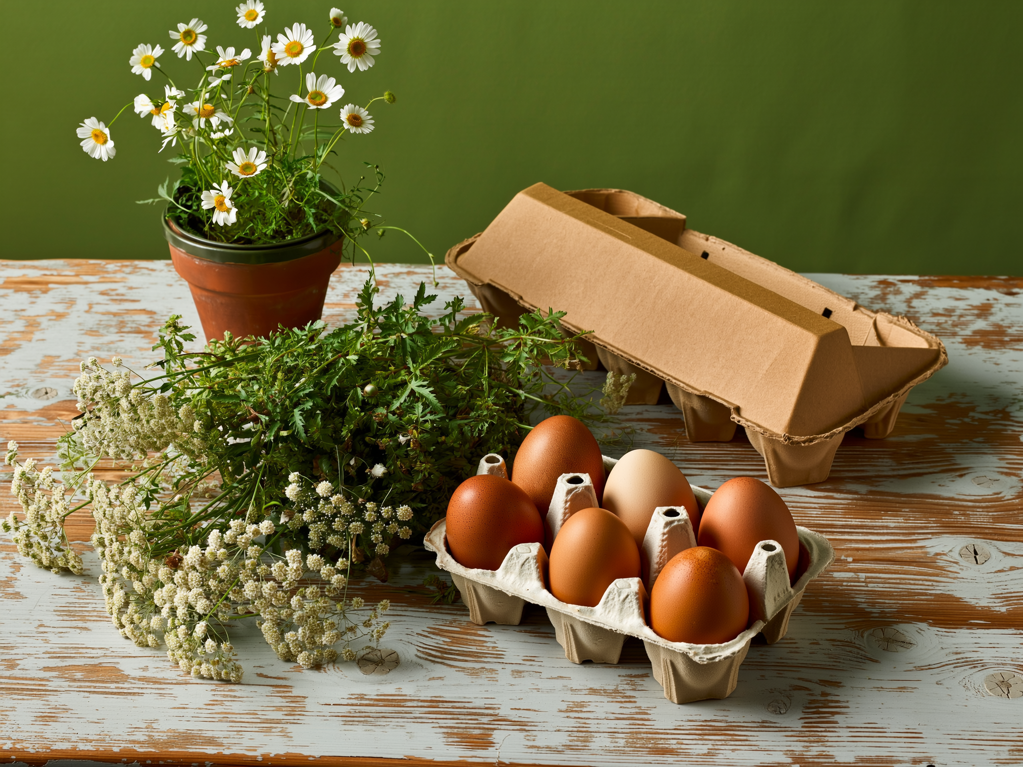Sfeerbeeld van verse eieren met bloemen en planten op een tafel.