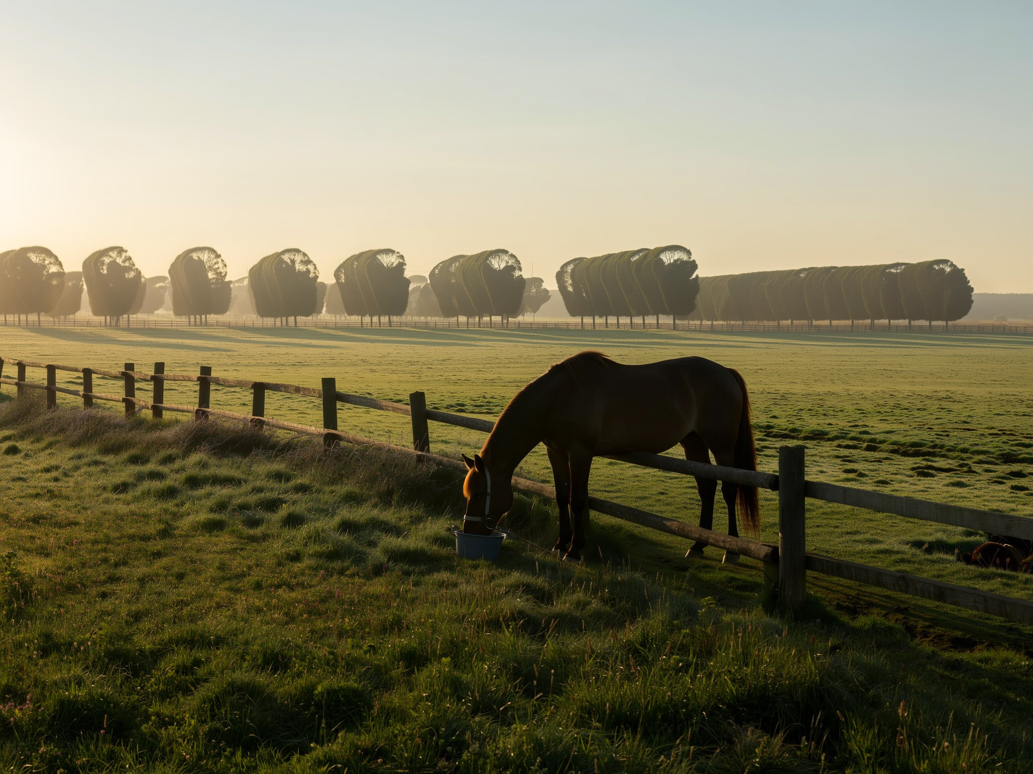 Sfeerbeeld van een paard dat eet bij een hek in de wei.