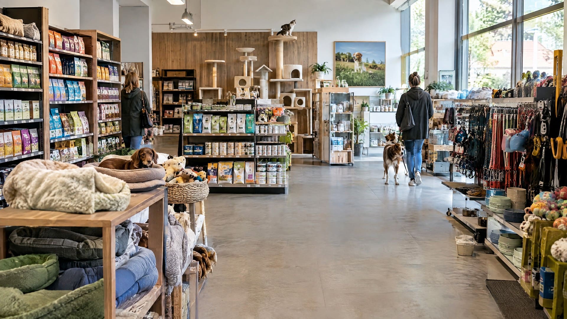 Sfeerbeeld van een dierenspeciaalzaak zoals Van Baaren Diervoeders, met voer en verzorgingsproducten.